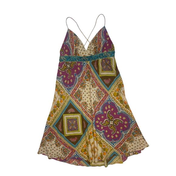 Nicole Miller Dresses & Skirts - Nicole Miller Y2K Deadstock Strappy Multi Print Silk Dress w Beaded Waistline